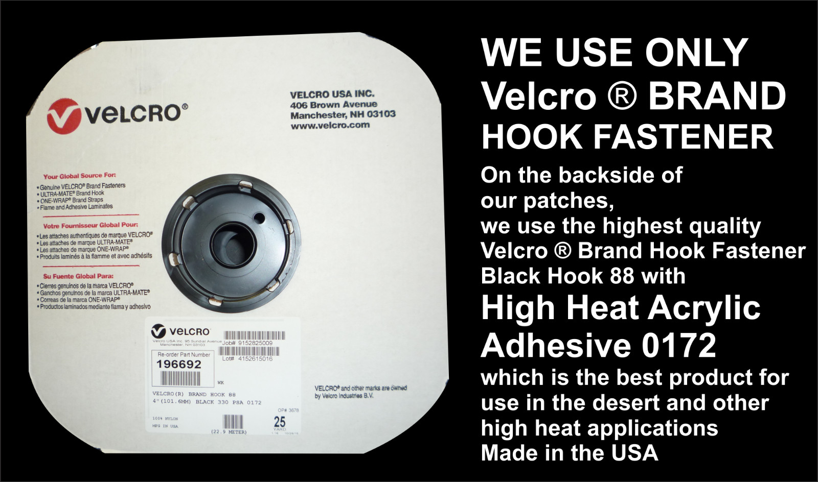 VELCRO® BRAND FASTENER 4″ x 20″ Black Hook 88 High Temp Adhesive with tunneling