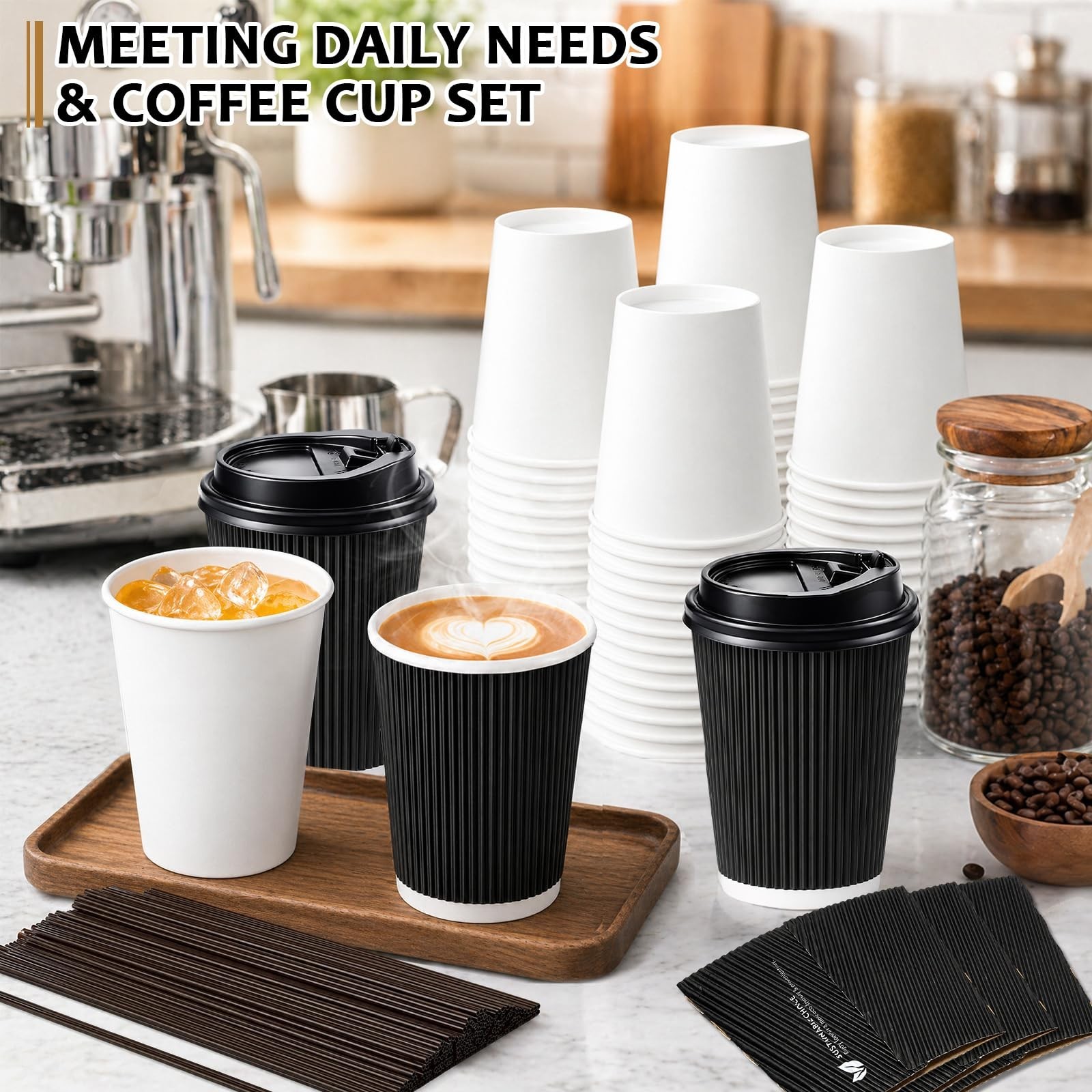 50 Pack Insulated Disposable Coffee Cups with Lids & Straws, Hot/Cold To Go Cups