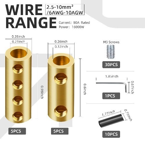10AWG 6 8 10 Gauge Wire Connector Nut Kit 80Amp Screw Terminal Splicing Butt