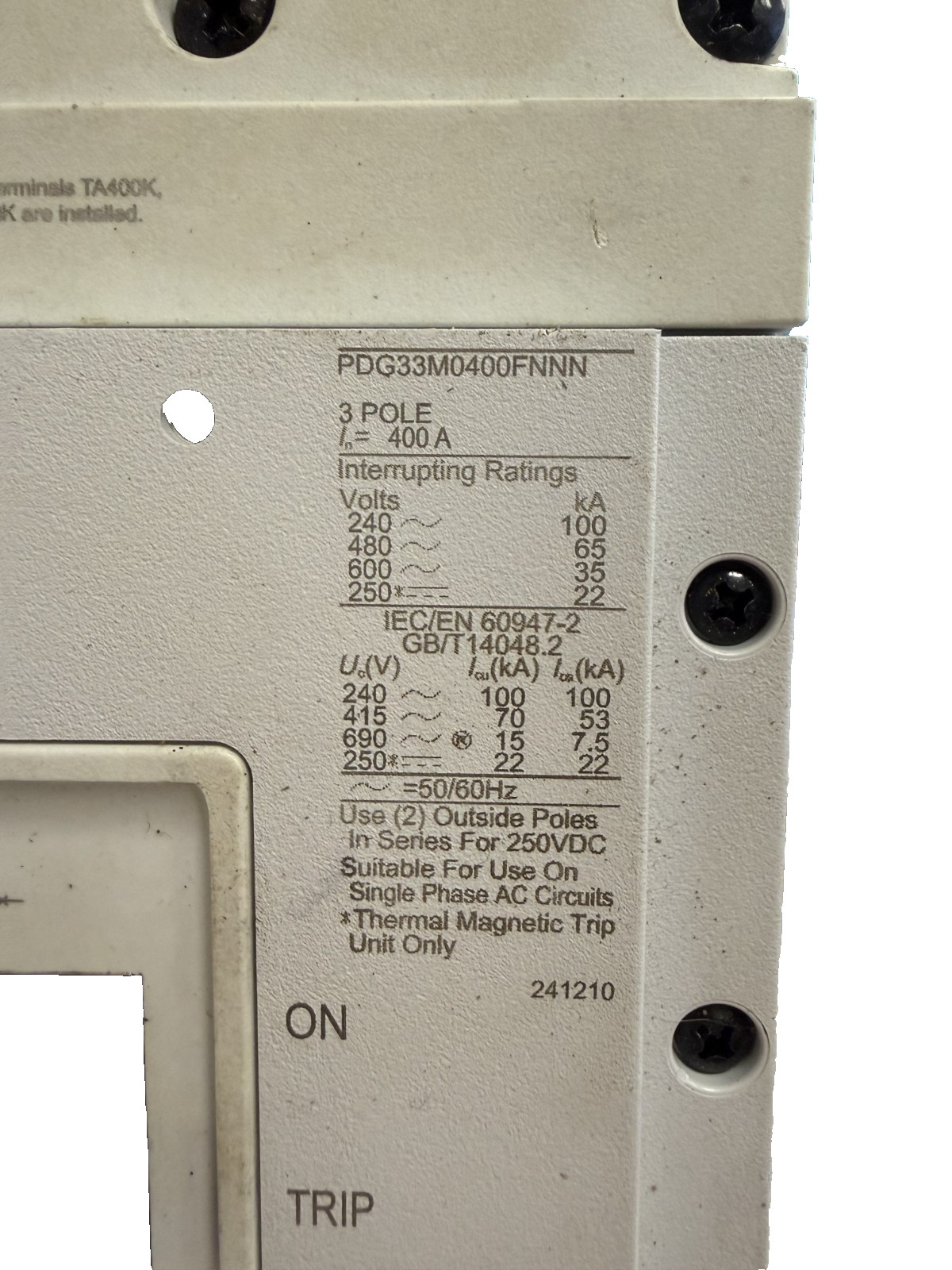 Eaton PDG33M0400FNNN Power Defense 3-Pole 400A Frame 250A Trip Unit 600Vac