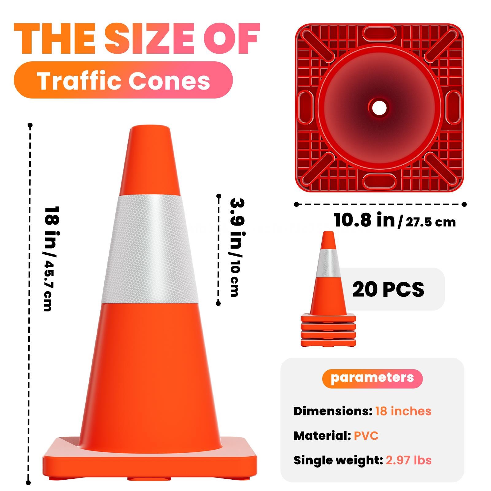20 PACK 18″ Heavy Duty Traffic Safety Cones,2.97lbs Weight,W Reflective Collar
