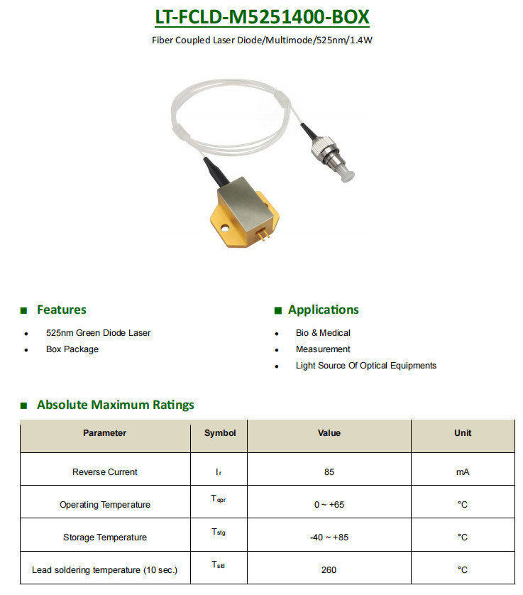 MultiMode 520nm/525nm Fiber Coupled Laser Diode Fiber Core Diamete 50μm/100μm