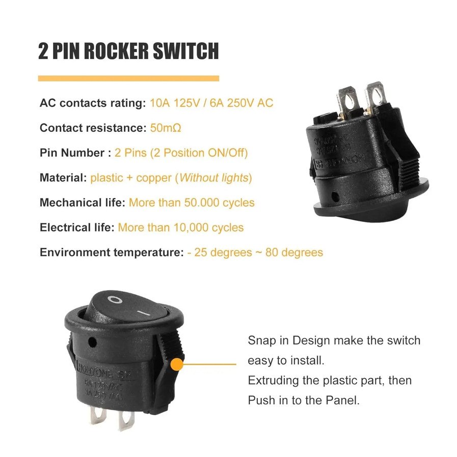 10pcs Mini Round Rocker Switch SPST 2 Pin ON Off Power Toggle Switch Set – NEW