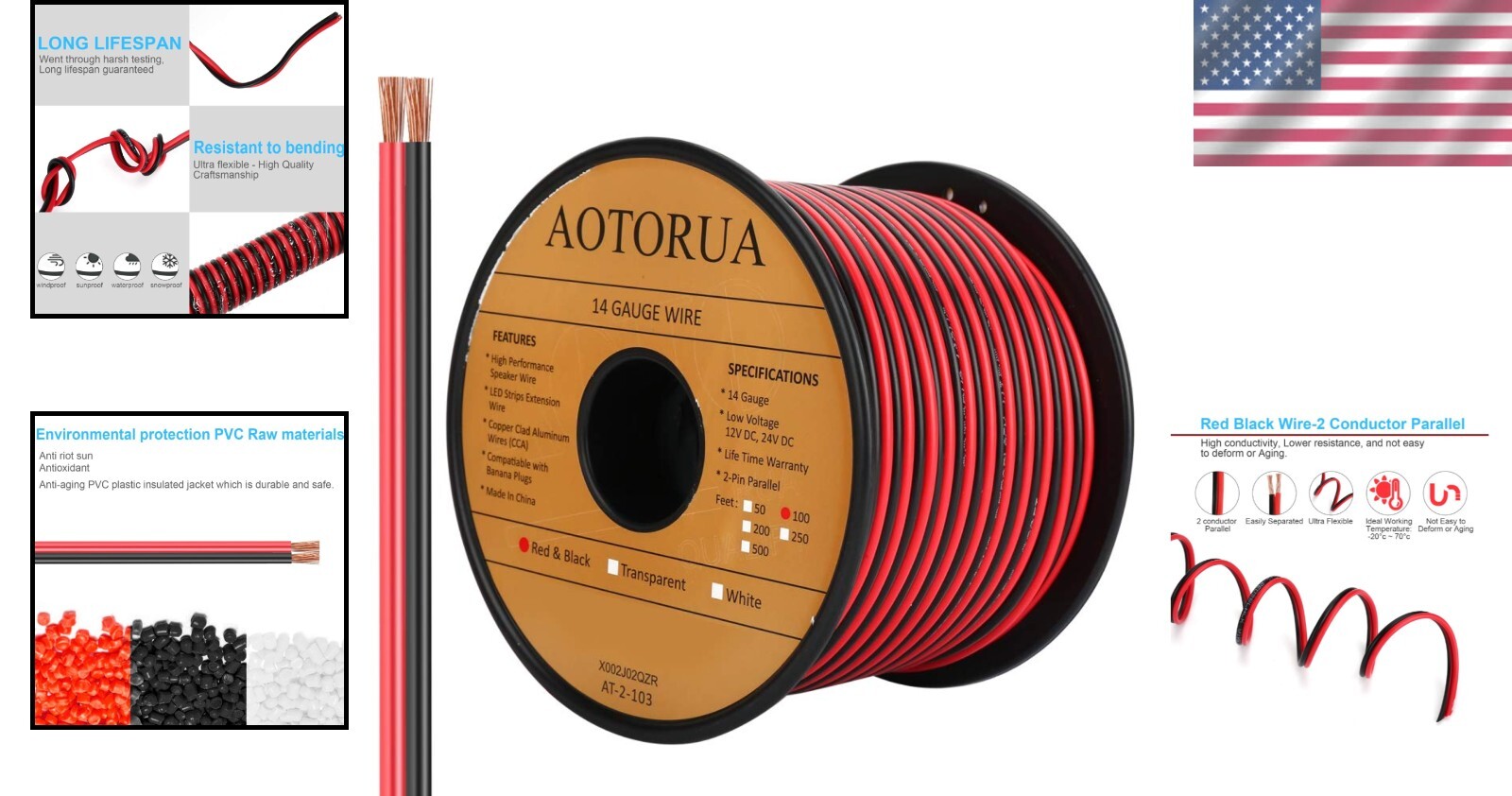 100FT 14/2 Gauge Red Black Cable Hookup Electrical Wire, 14AWG 2 Conductor 2 Col