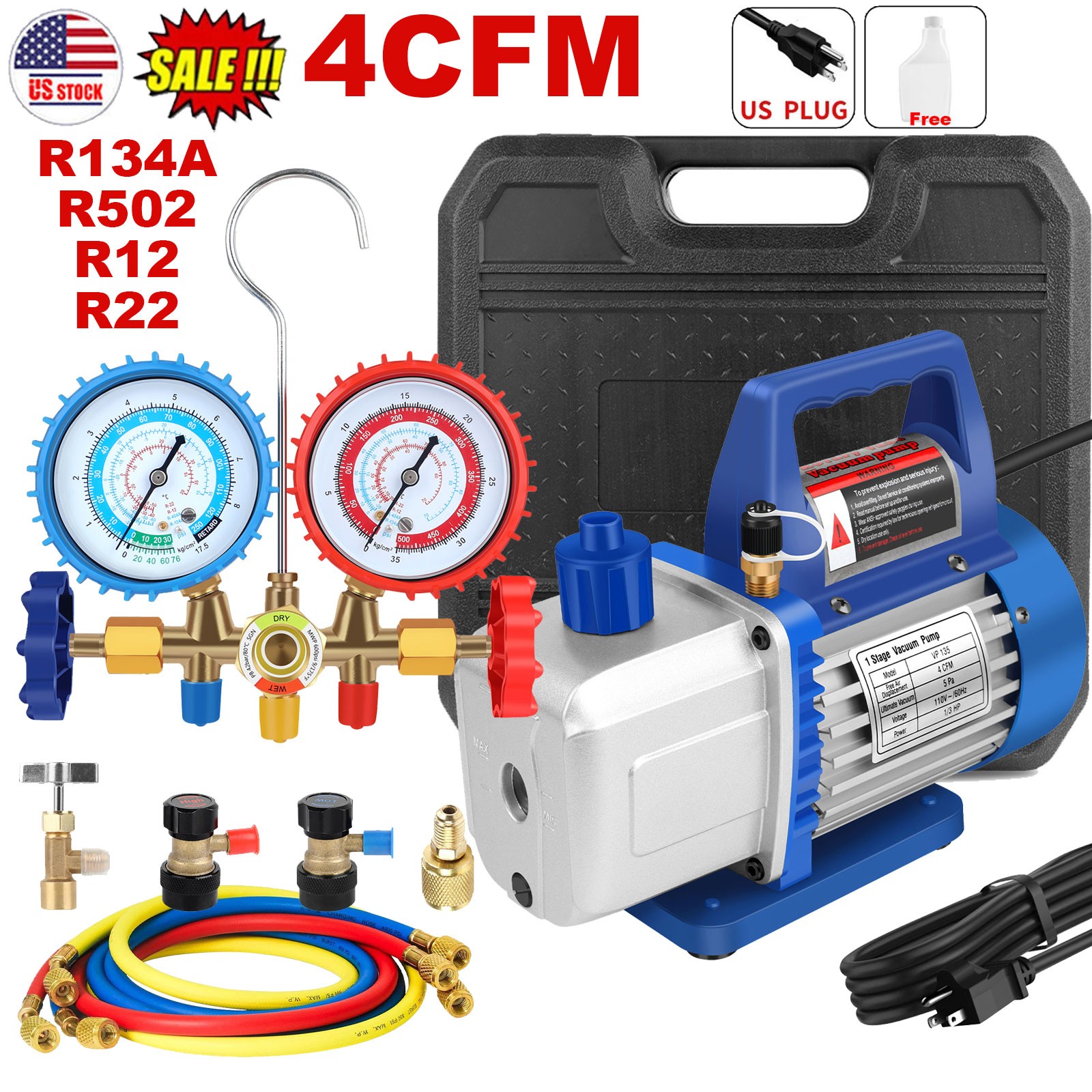 4CFM AC Vacuum Pump Kit w/ HVAC Manifold Gauge Set Leak Detector For R134a R502