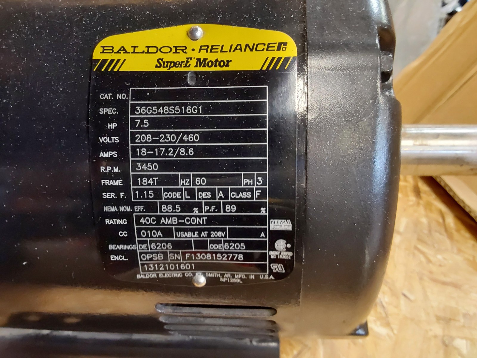 Baldor Reliance Super E Motor 7.5 HP 3 Phase 230/460V 3450 RPM OPSB