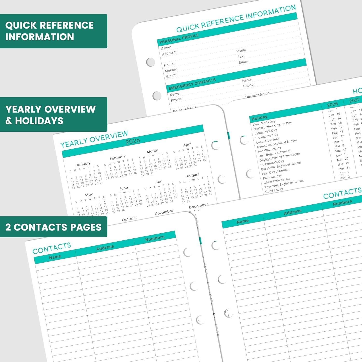 2026 Calendar Planner Inserts A5 5.5 Inch x 8.5 Inch with Flexible Removal Tabs