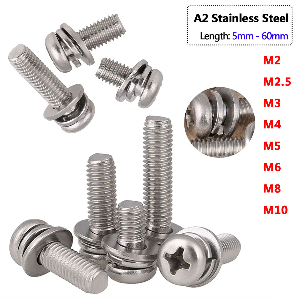 Phillips Pan Head Machine Screws Spring Washer Plain Washer M2-M10 A2 Stainless
