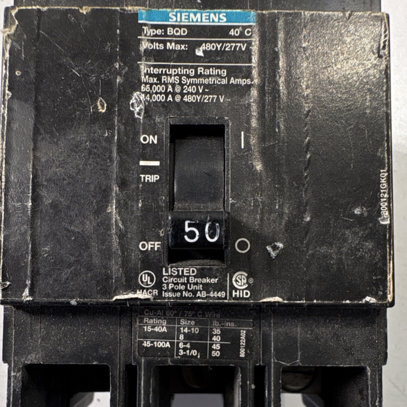 Siemens BQD350 3-Pole 50A Branch Circuit Breaker, 480Y/277V, AC, HID