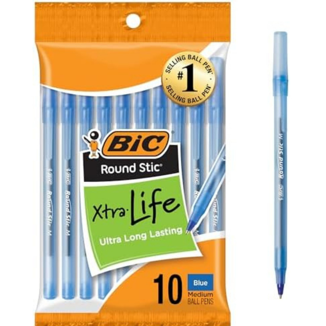 BIC Round Stic Xtra Life Blue Ballpoint Pens, Medium Point (1.0mm) 10-Count Pack