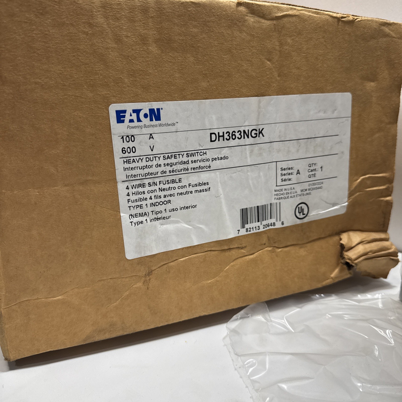 Eaton DH363NGK Fusible Heavy Duty Safety Switch 100A 3P 4W 3PH 600V Type 1