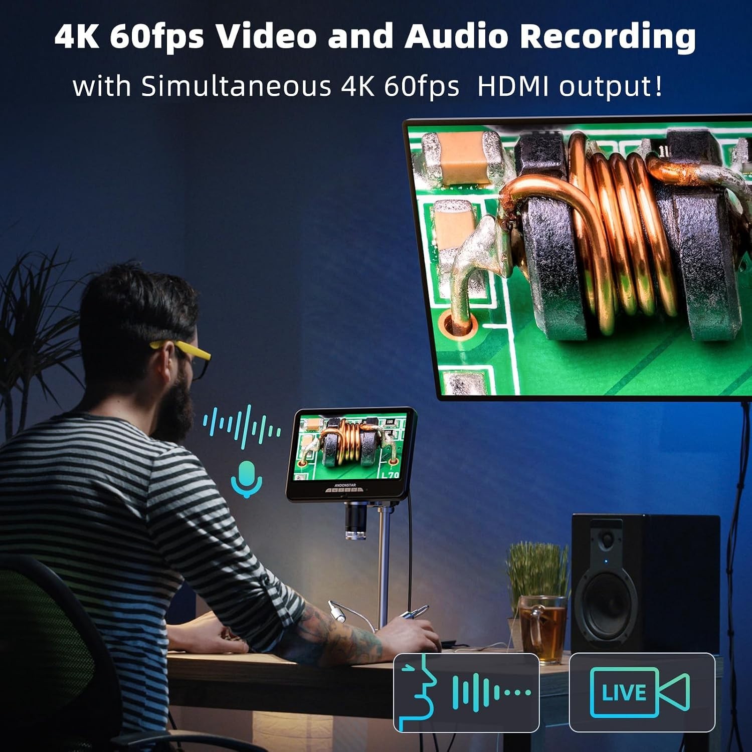 Andonstar 4K 60FPS 10.1″ HDMI Digital Microscope for Soldering, 64MP 3840P UHD