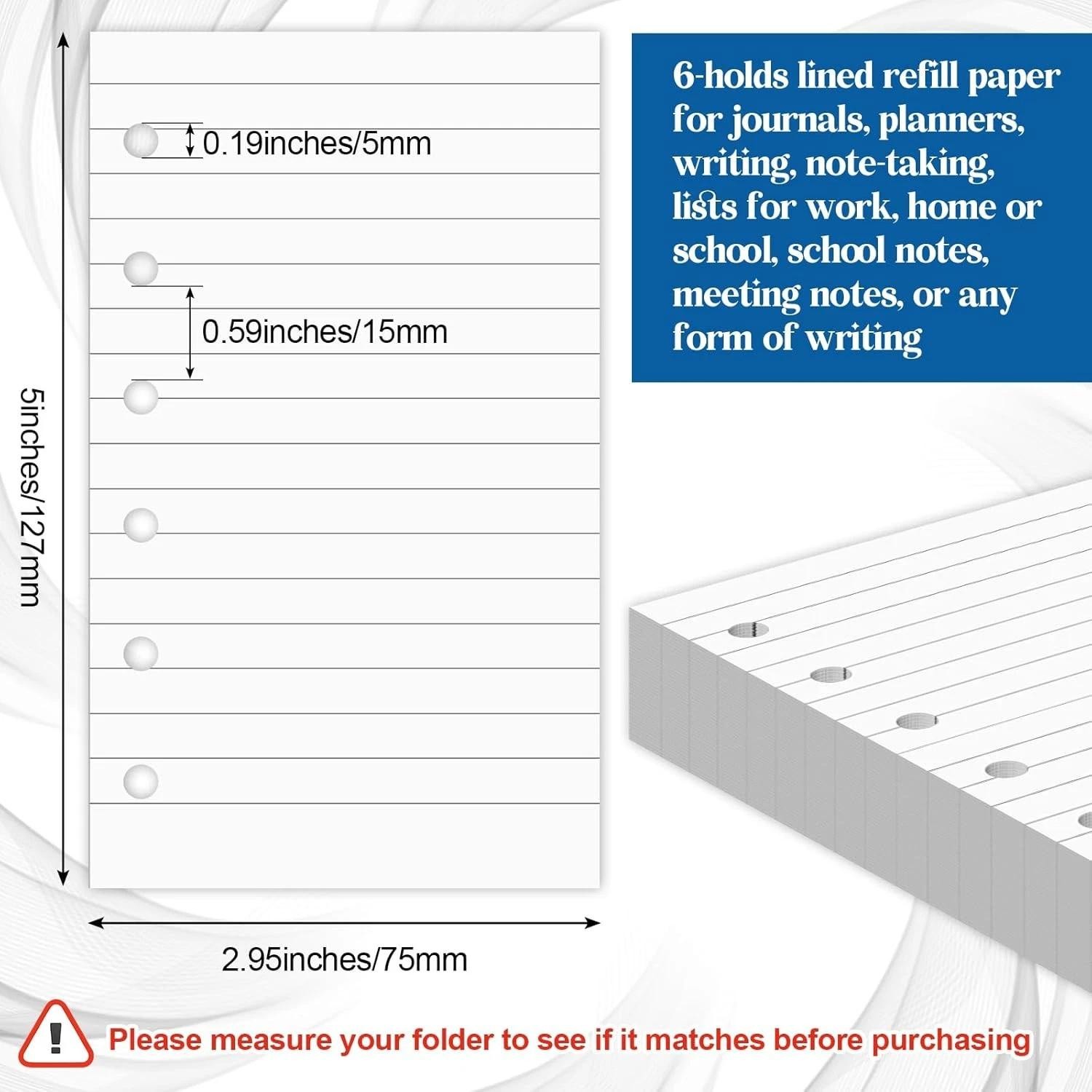 200 Sheets Blank Lined Paper Refill for 3×5 Inch Binders 6 Ring Memo Paper
