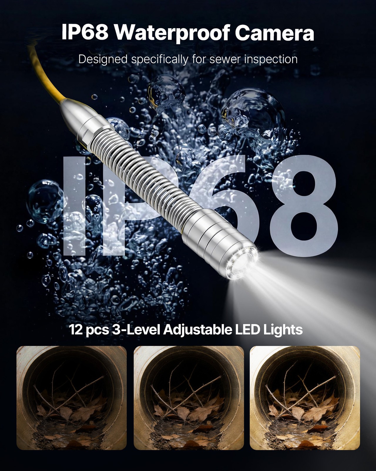 VEVOR Sewer Camera with WiFi 65.6ft/20m IP68 Drain Pipeline Camera 12 LED Lights