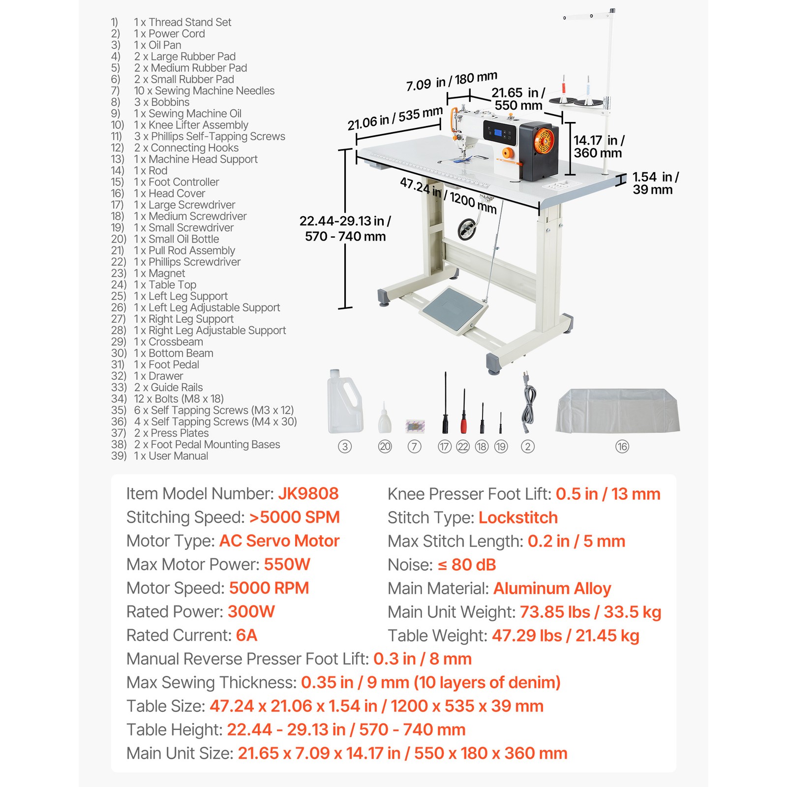 Uimoso Industrial Sewing Machine Set with Lockstitch and 550W Servo Motor