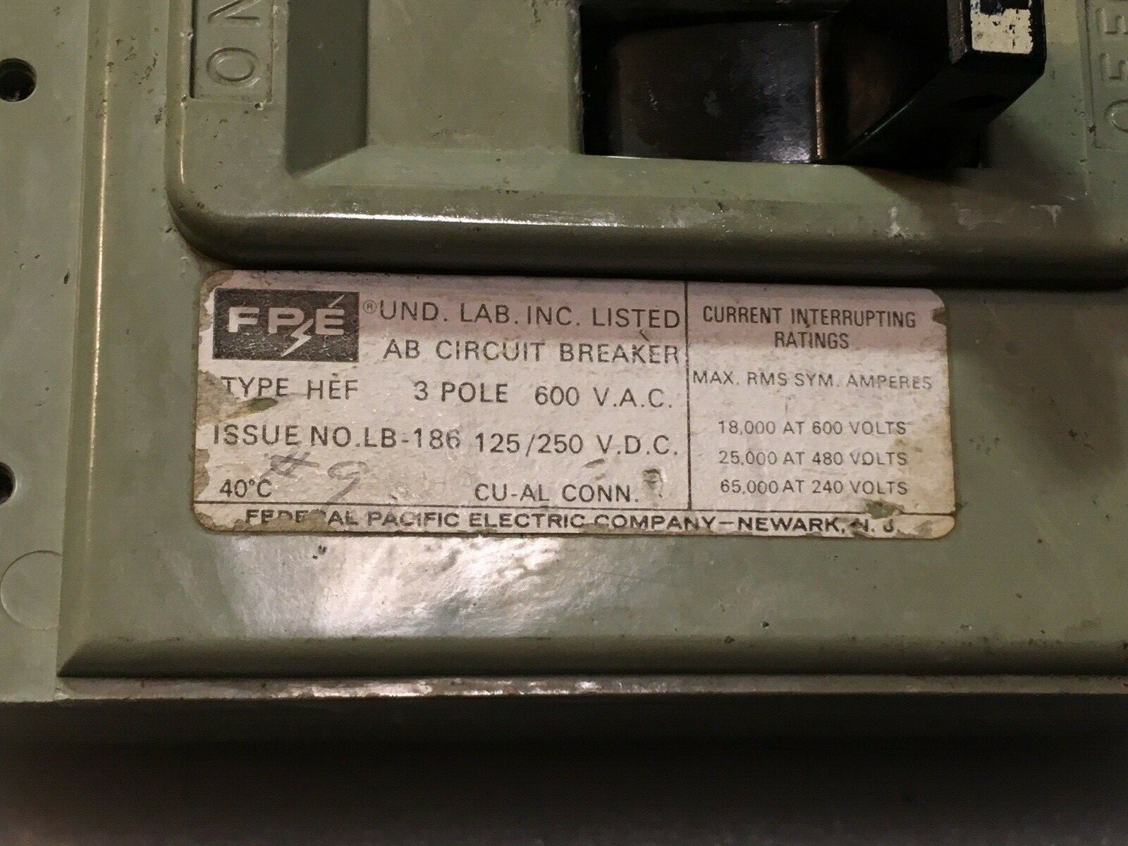 FEDERAL PACIFIC Electric HEF631015 15A 600V 3P CIRCUIT BREAKER WARRANTY FPE HEF