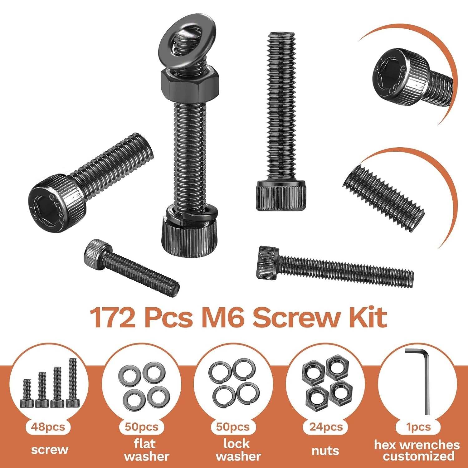 Complete 172-Pcs M6 Bolts Assortment: Black Zinc Plated Steel for Durability