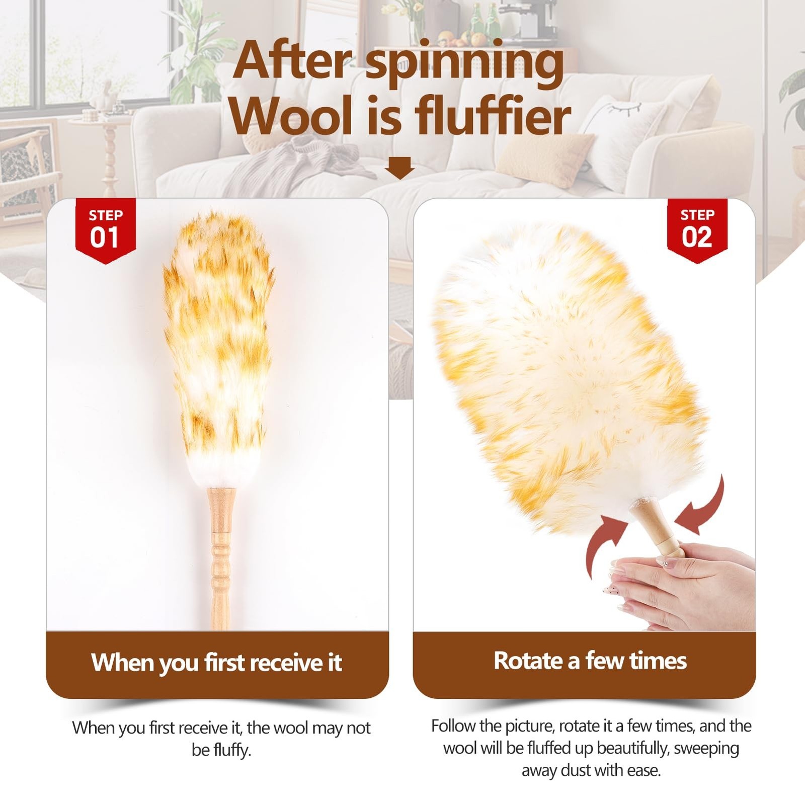 Lambswool Duster for Cleaning with Solid Wooden Handle Leather Hang Strap 19….