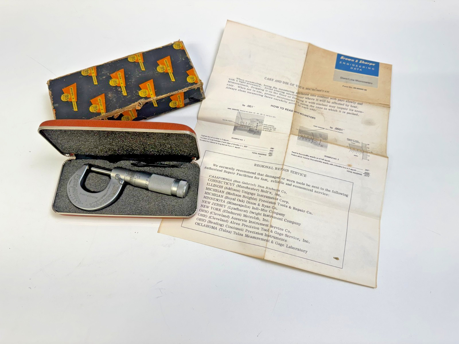 Brown & Sharpe 599-1 Slant-Line Micrometer 0-1″ Original Case Box Literature
