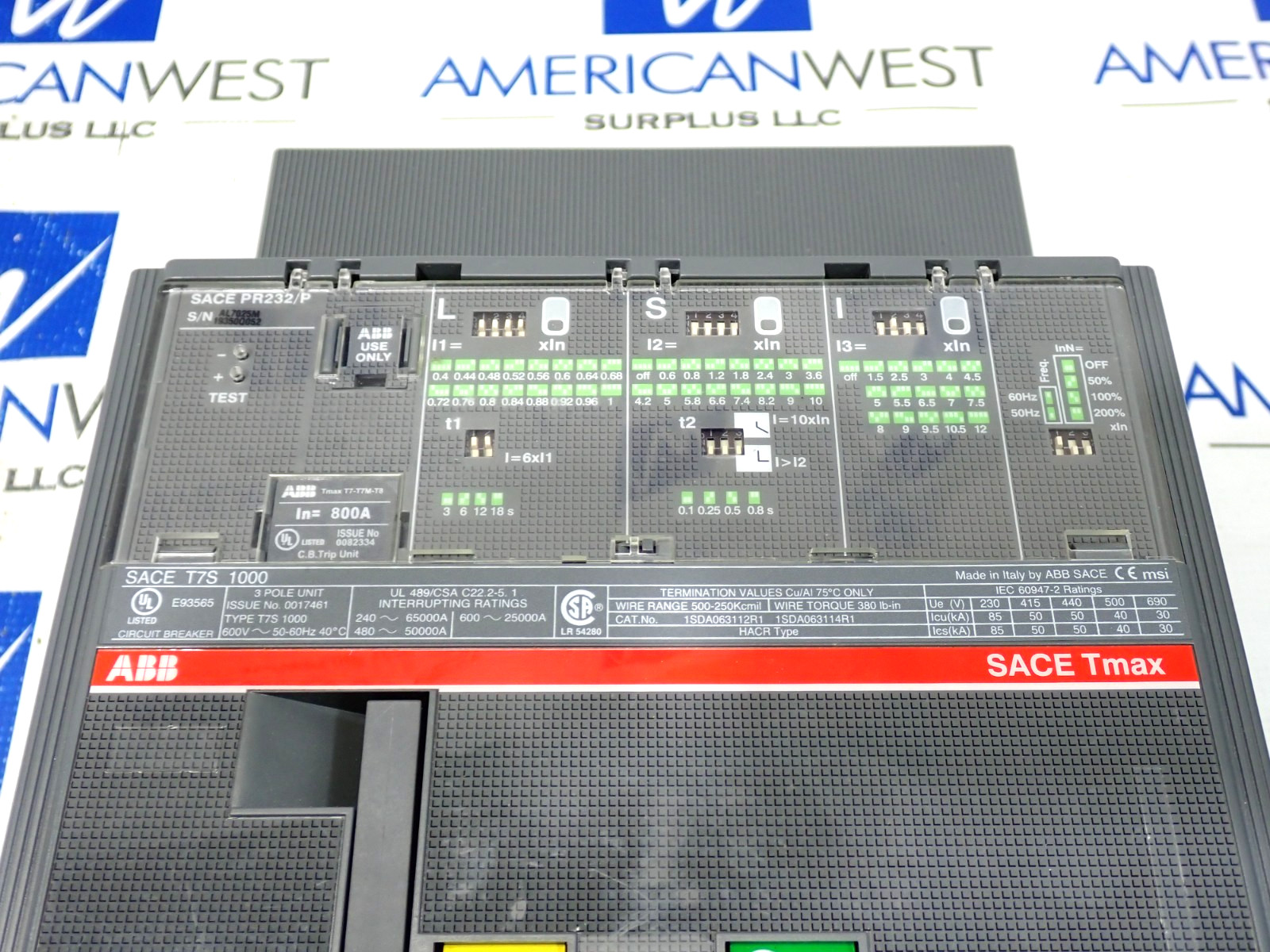 ABB T7S1000 T7S800 1000A 600V Frame Breaker 800A Rating Plug PR232/P LSI Trip
