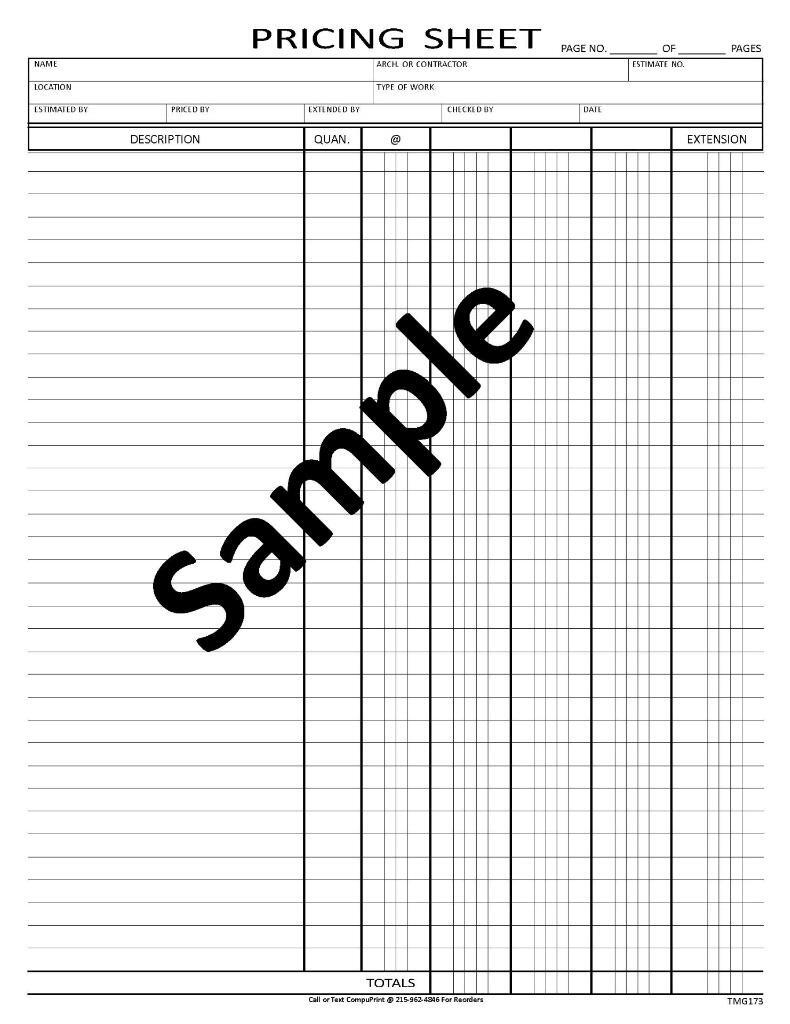 Pricing Sheets / Padded in Lots of 50 / 8.5 x 11 / 1 Part / TMG173