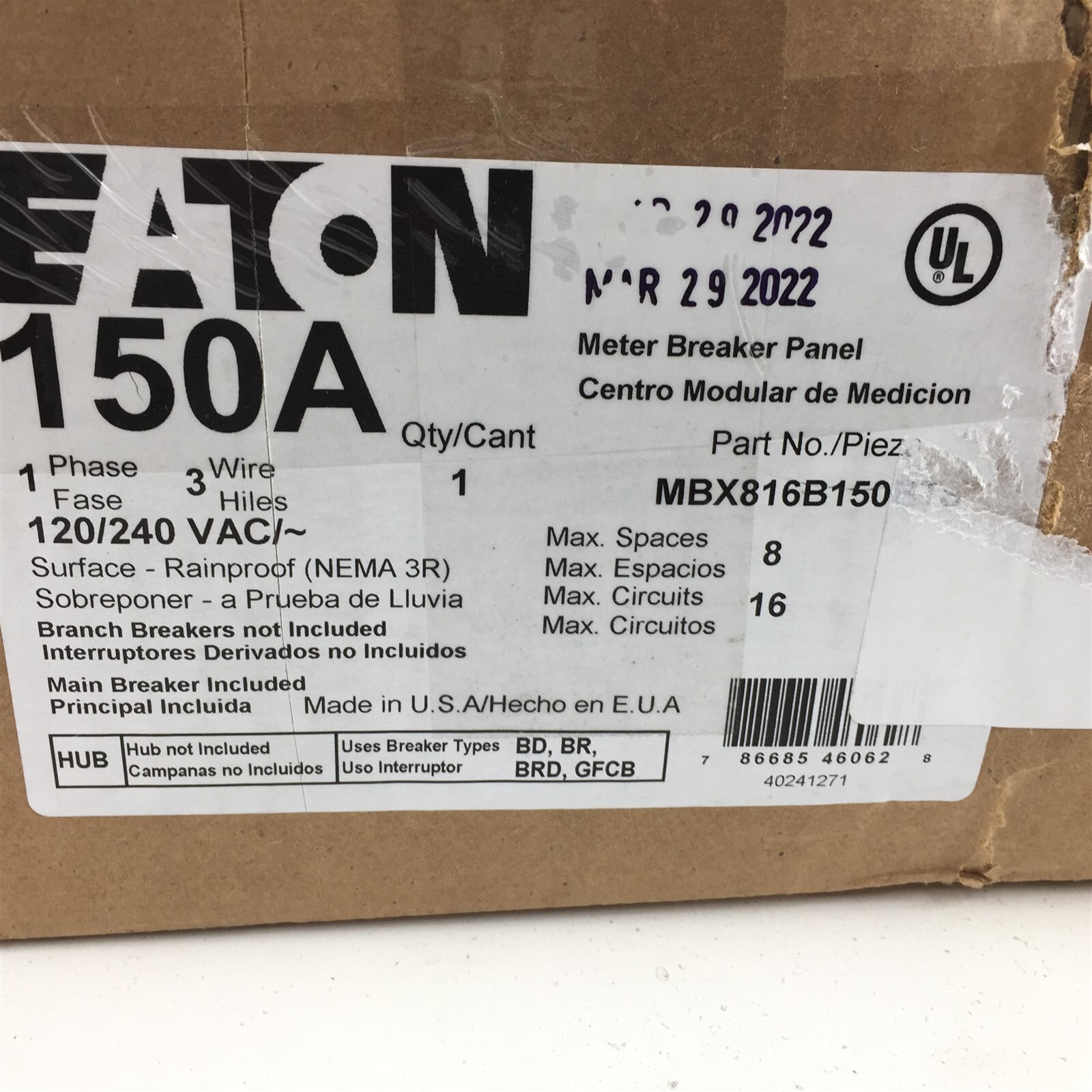 Eaton 150A Meter Breaker Panel MBX816B150BTS NEMA 3R 1PH 3W Bypass Main Breaker