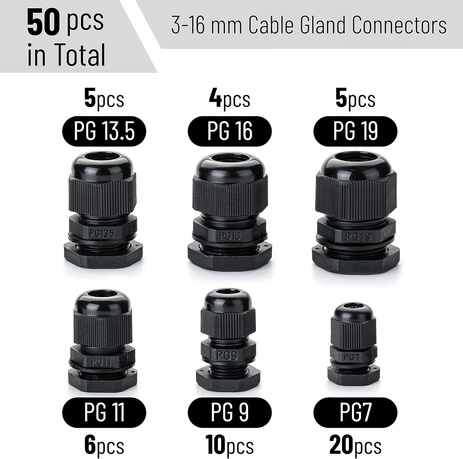 25/50 Pcs Nylon Cable Gland Waterproof Cable Connectors Black Cord Grip Plastic
