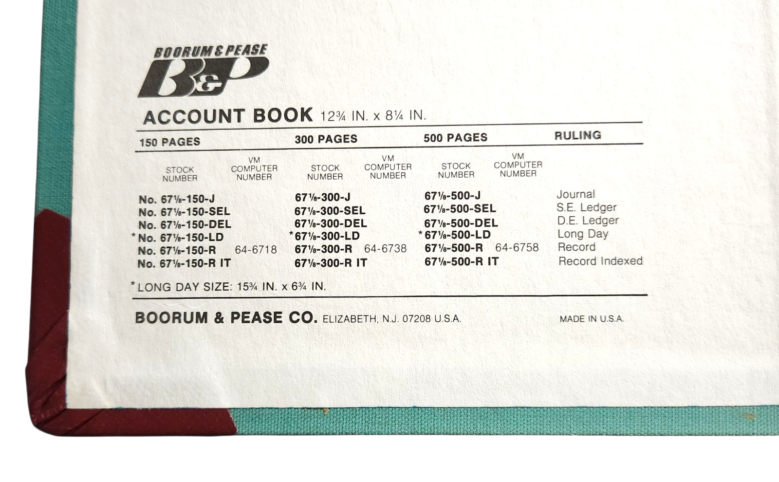 Boorum & Pease Account Book No. 67 1/8 J 150 Green 150 Pages 12 3/4″ X 8 1/4″