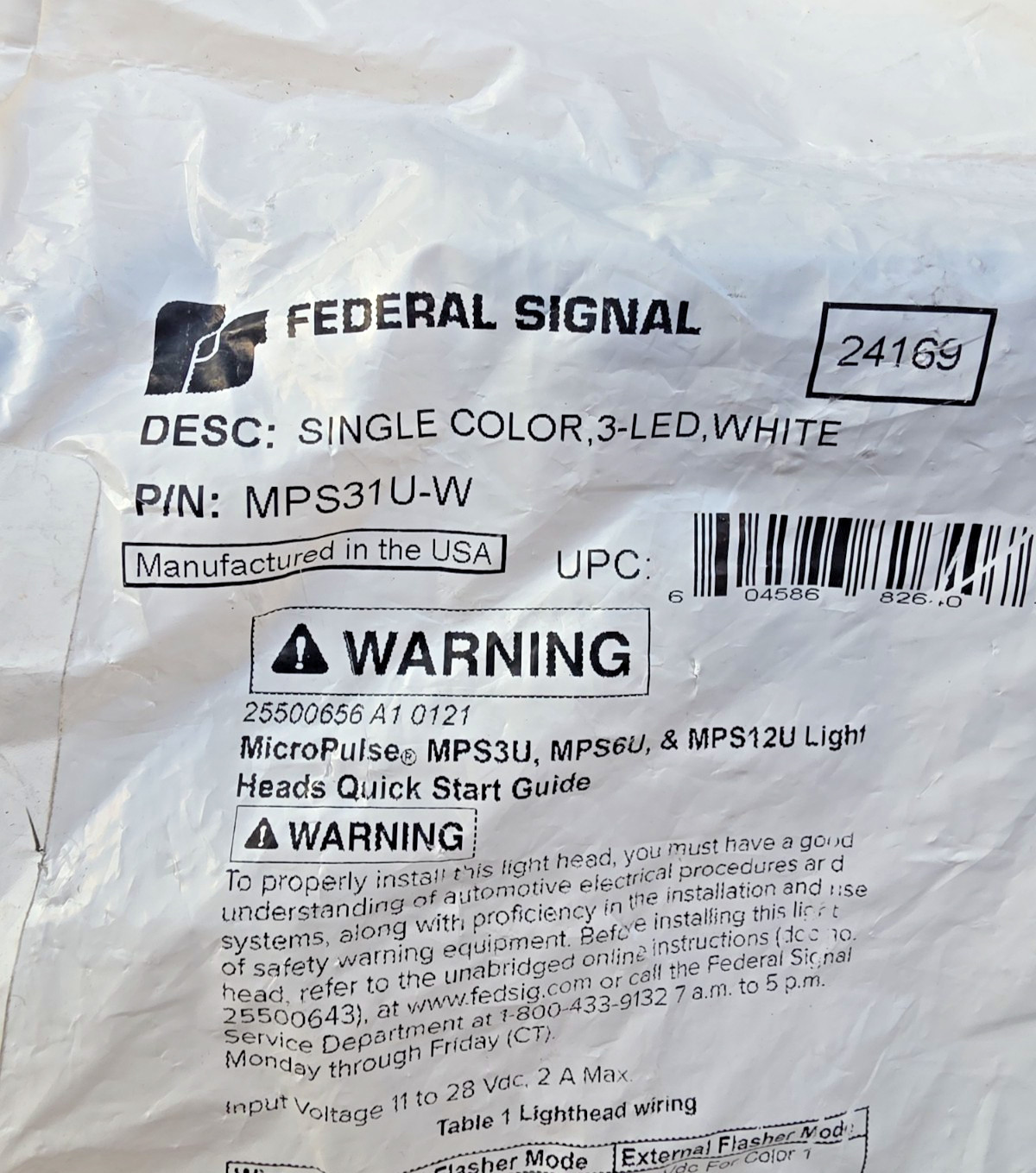 MPS31U-W, Federal Signal Micropulse Surface Mount 3 LED White Light, NEW