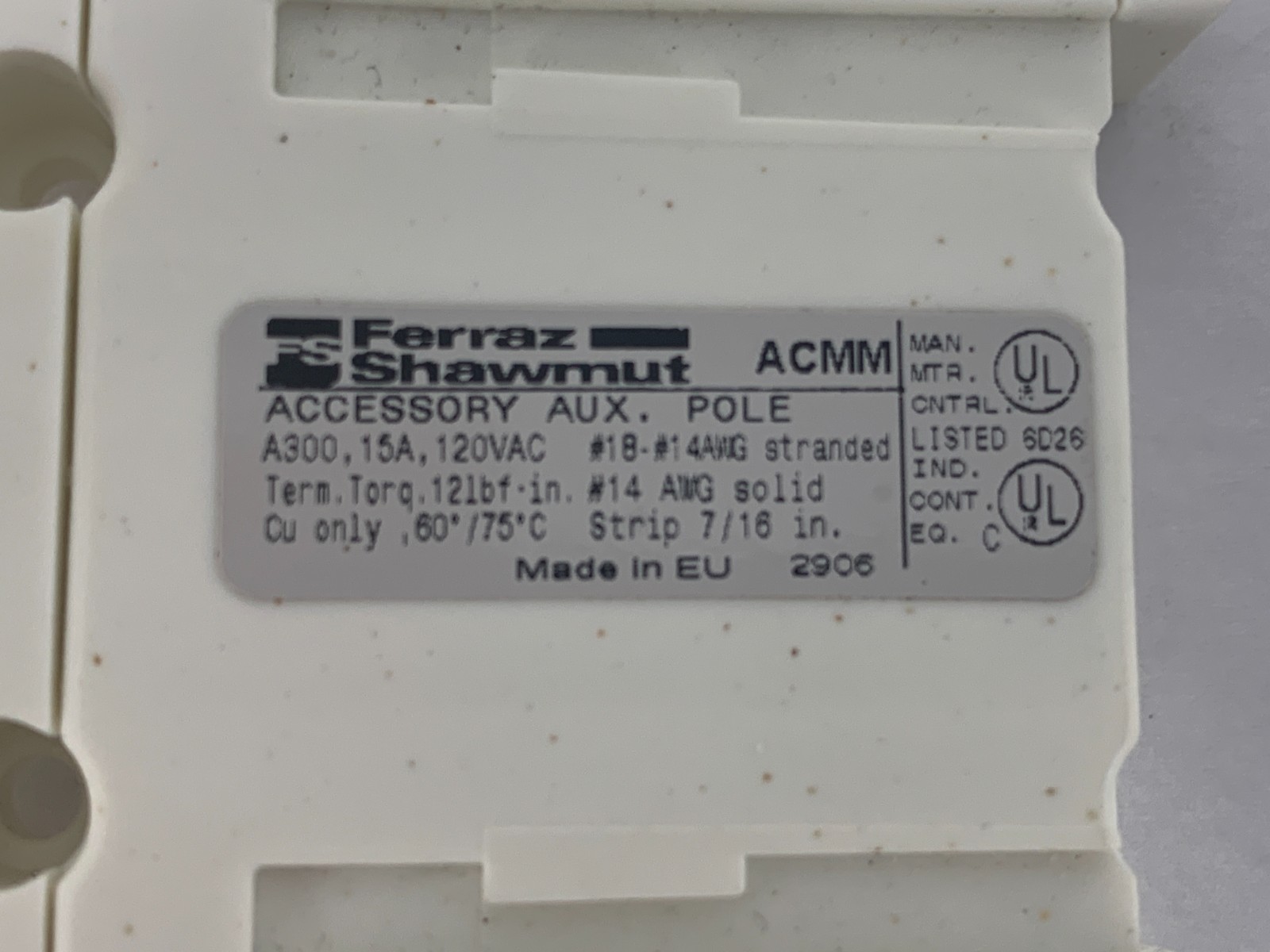 Mersen Ferraz Shawmut ACMM Auxiliary Contact Module 15A 120VAC 1 NO/1 NC
