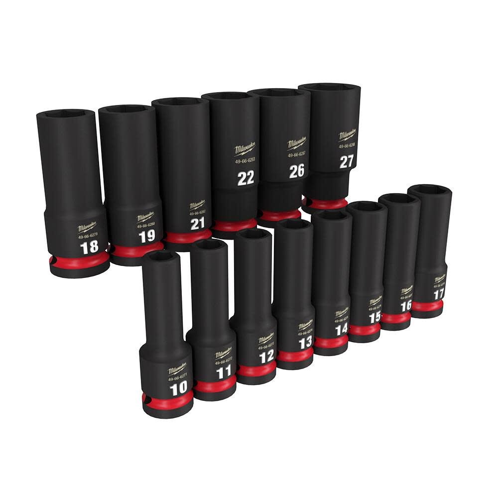 Milwaukee Impact Socket 1/2In Drive Metric Deep 6 Point 14 Pc