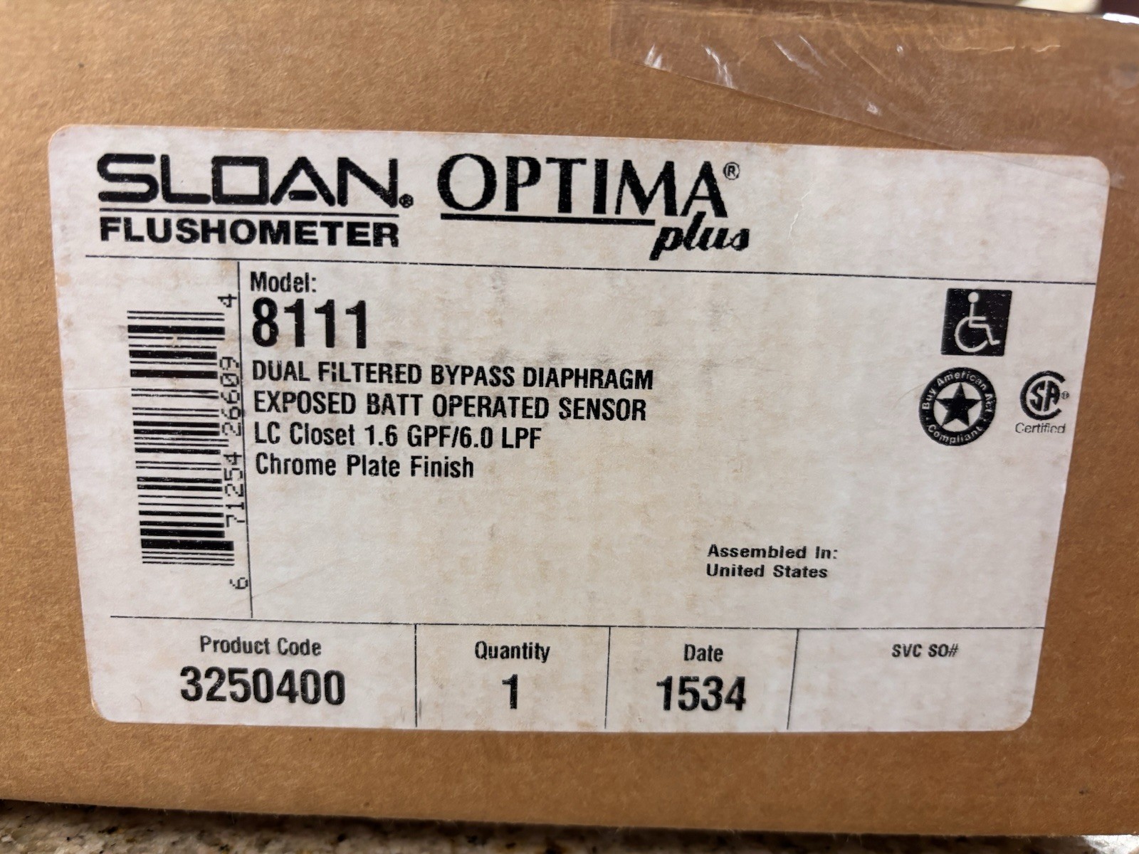 Sloan Optima Plus Flushometer Dual Filtered Bypass 1.6 GPF Chrome Model 8111 New