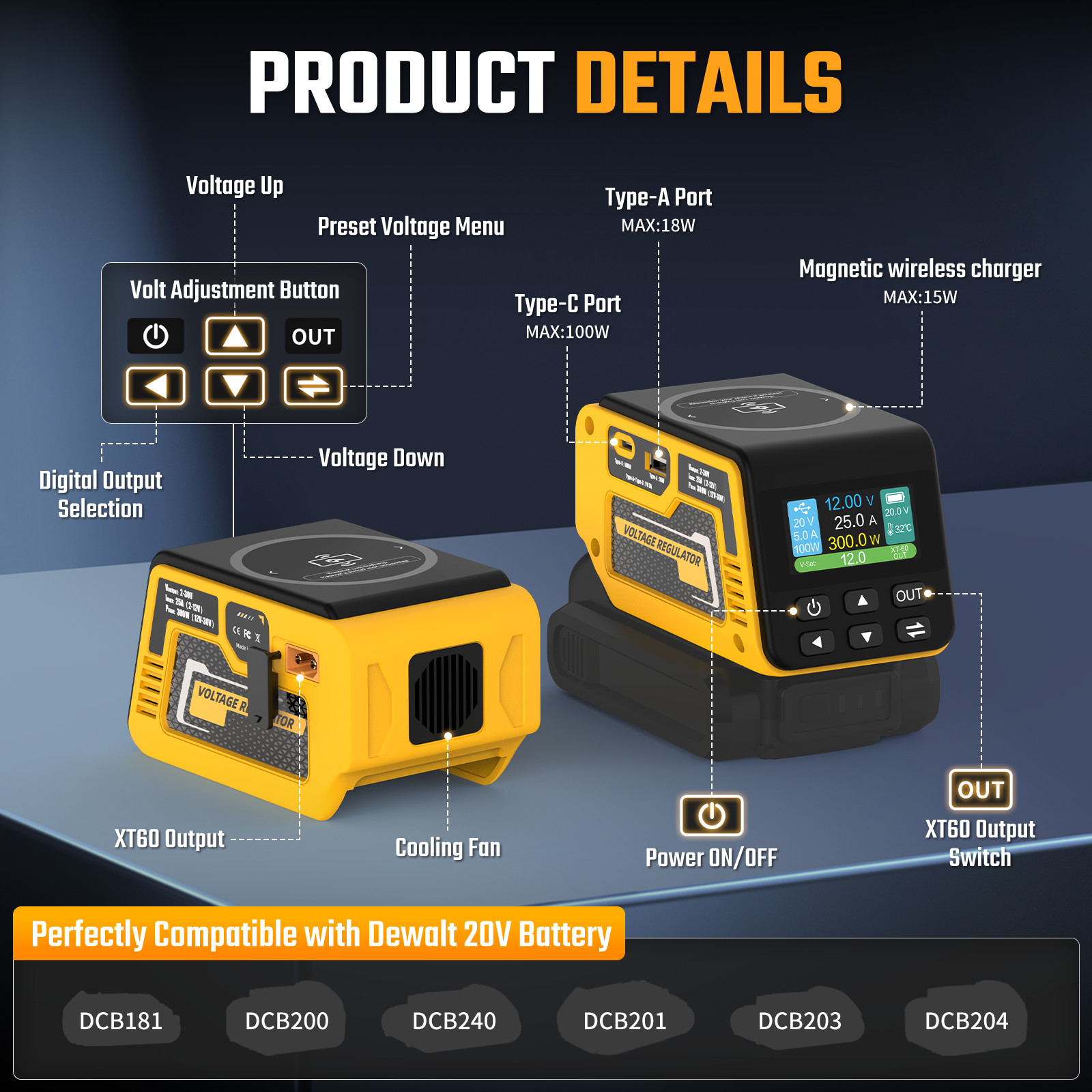 300W Power Regulator Compatible with Dewalt 20V Battery, 2-30V DC Adjustable