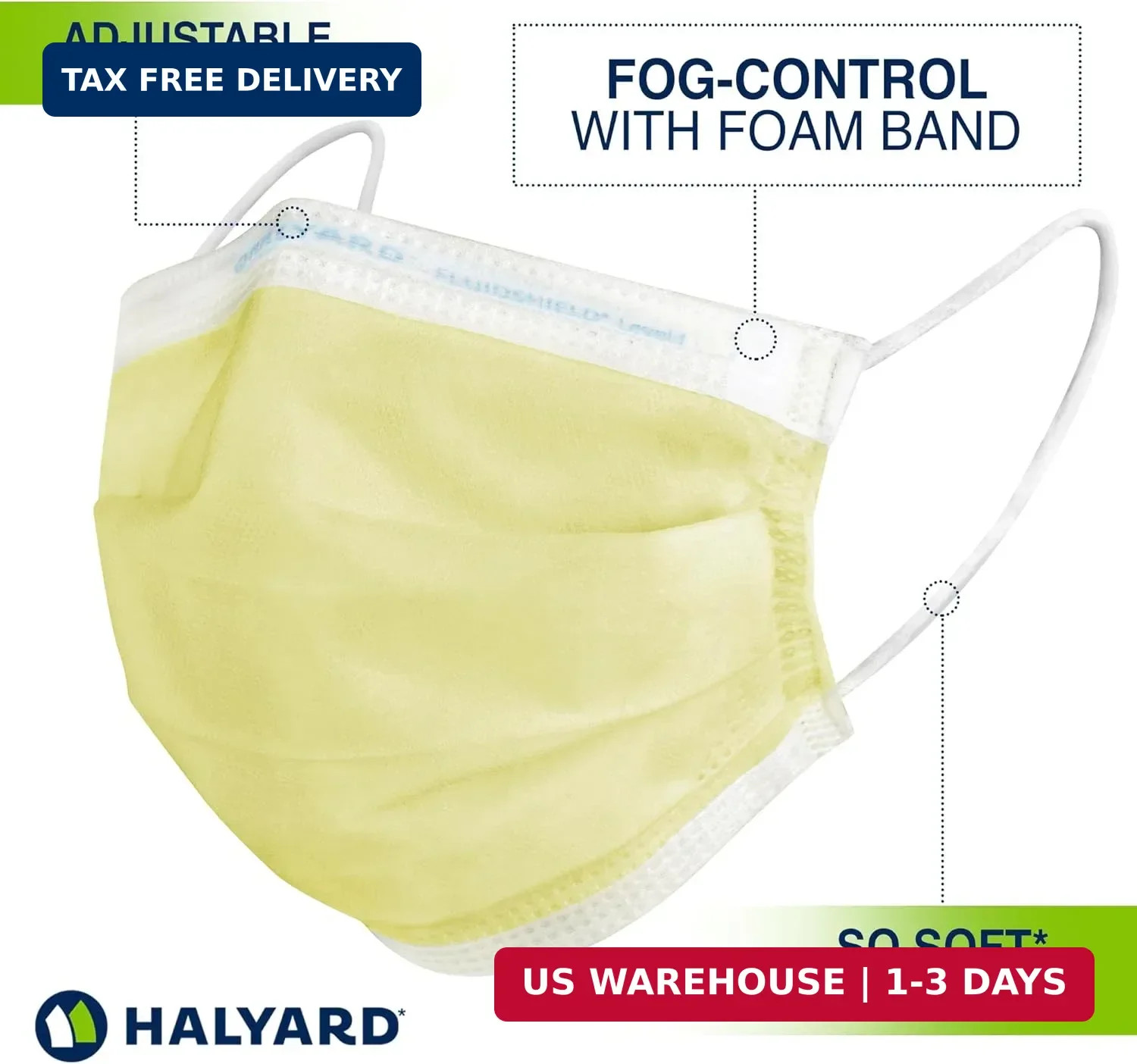 HALYARD Level 1 Disposable Procedure Mask, Earloops, Yellow, 47567