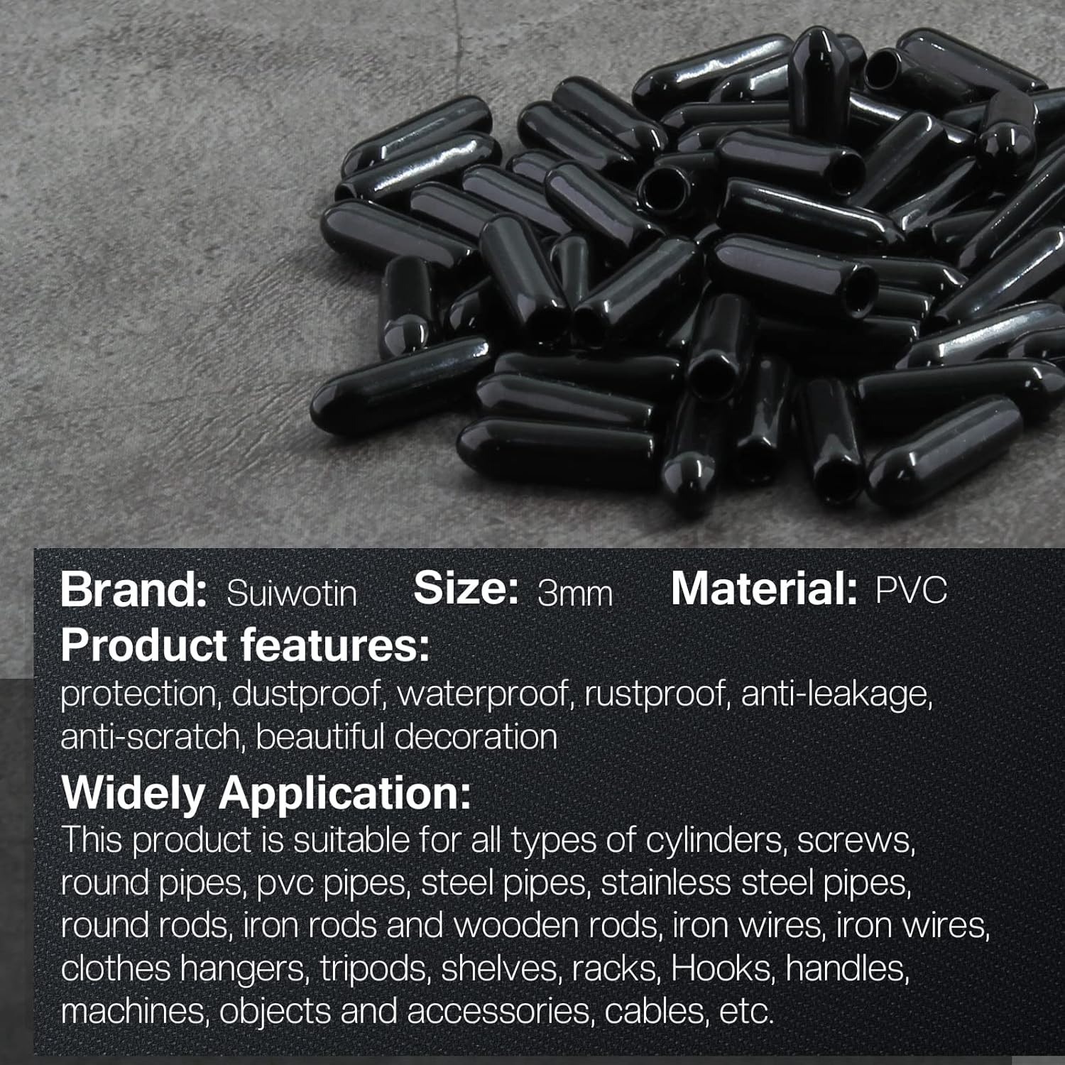 60PCS Round Rubber End Caps 1/8 inch/3mm Screw Thread inch (3mm), Black