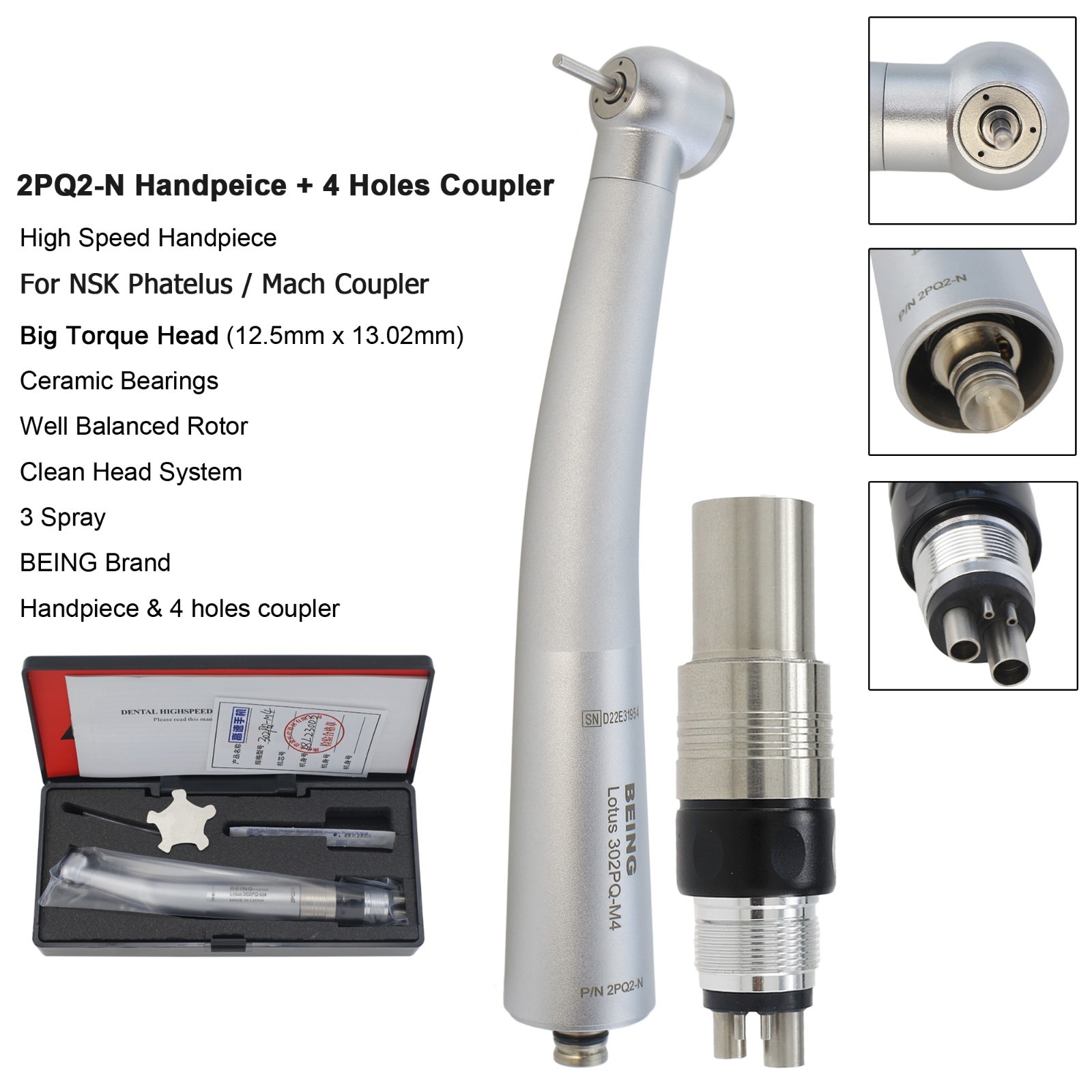 BEING Dental High Speed Handpiece Turbine For NSK Coupler 4 Hole Phatelus Mach