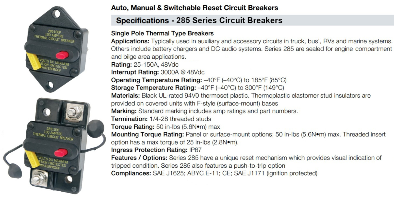Bussmann 187 & 285 Series Circuit Breakers – Surface Mount Waterproof