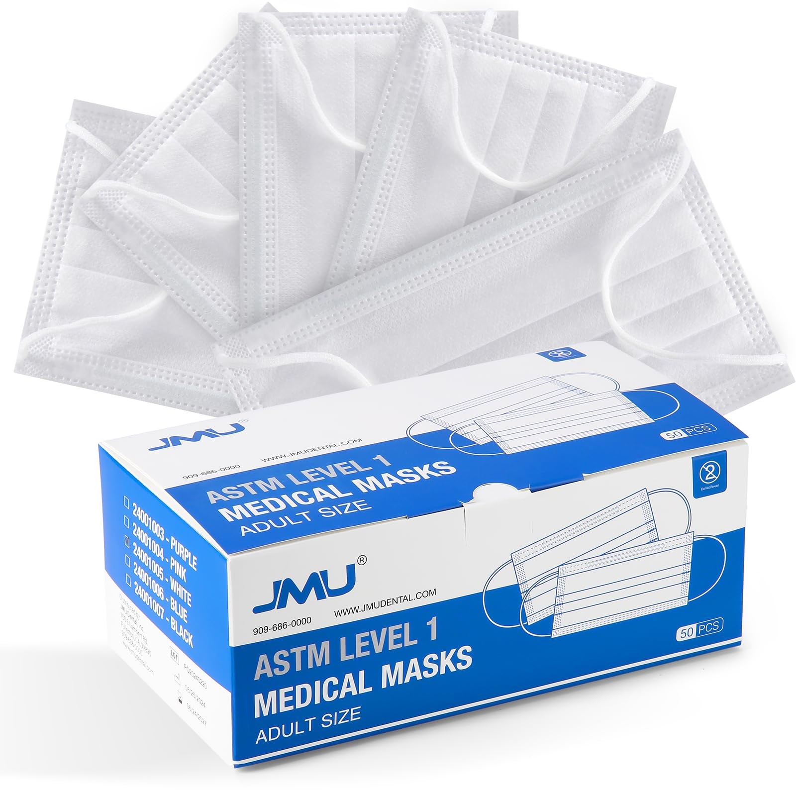JMU 50pcs 3 Ply White Disposable Face Mask, Medical Grade, Comfortable