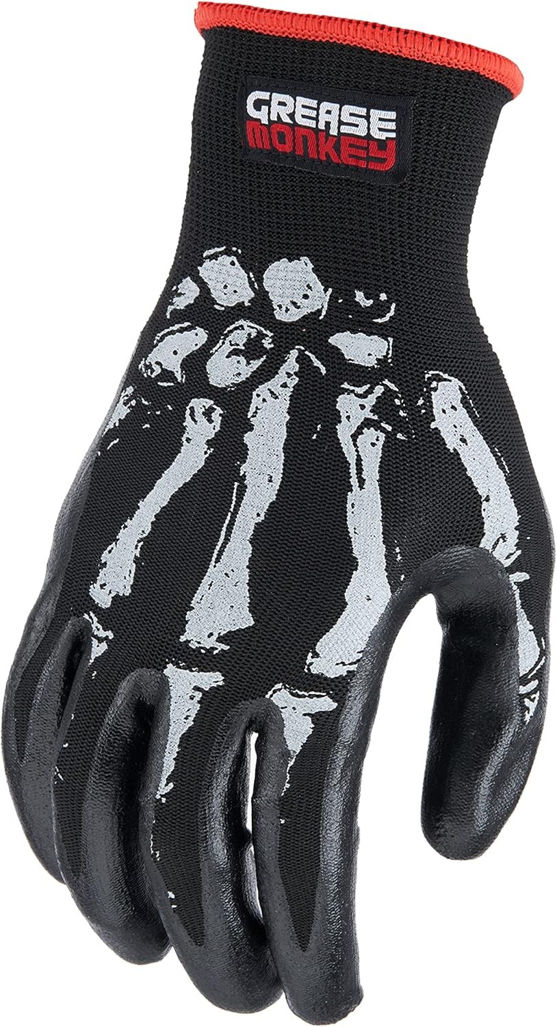 Grease Monkey Bone Series Foam Nitrile Mechanic Gloves with Grip Large, Black