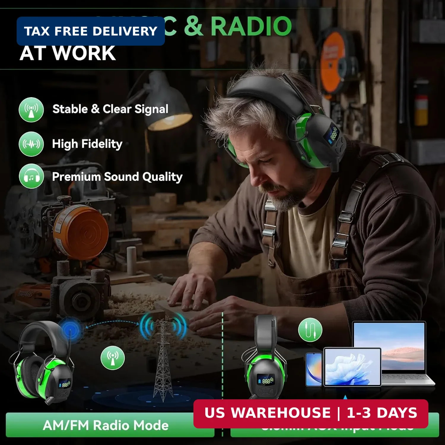 2025 AM/FM Radio Ear Protection Headphones with Backlit Digital Display, 120H…