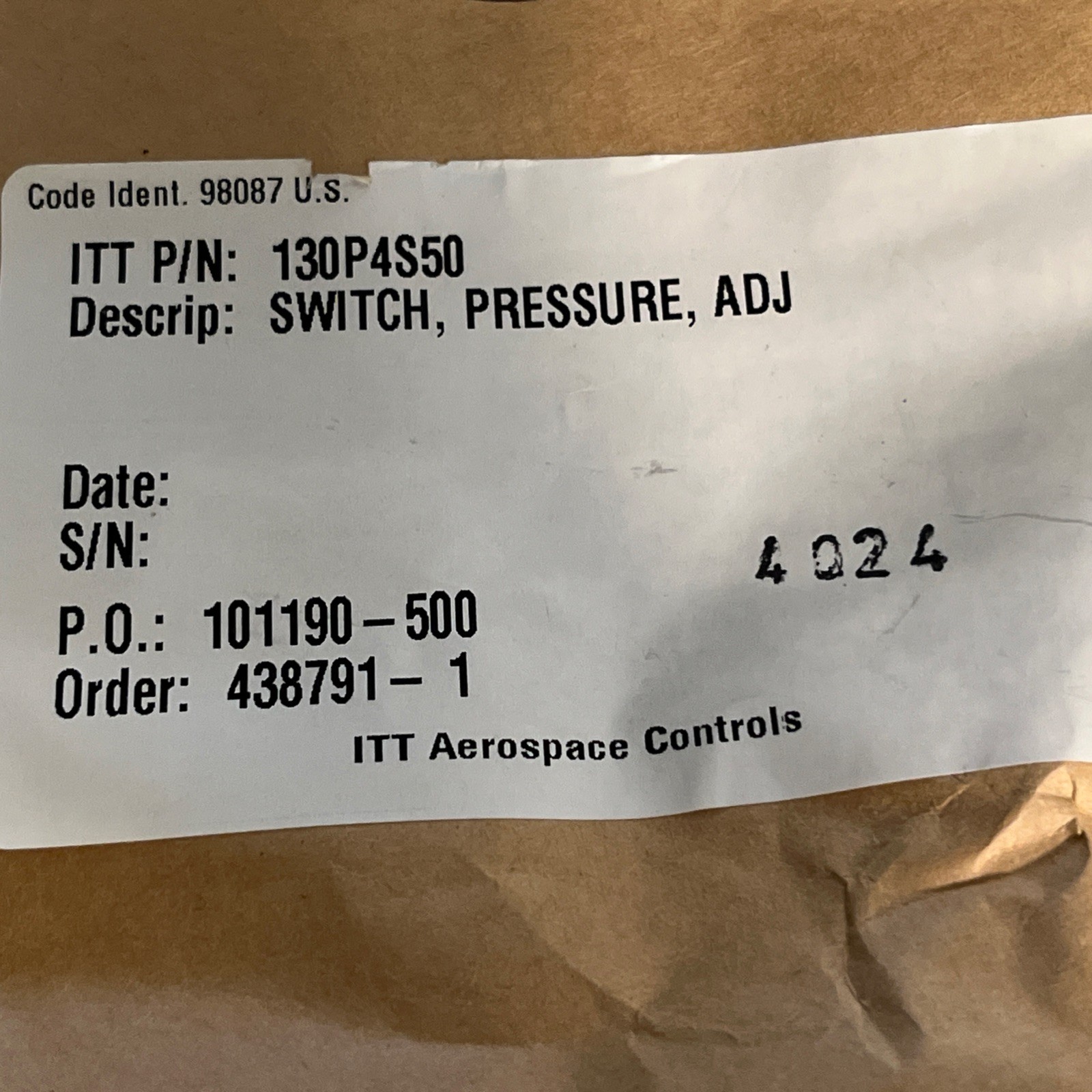ITT Industries 130P4S50 Neo-Dyn Pressure Switch 3-5A 28VDC 600 PSIG