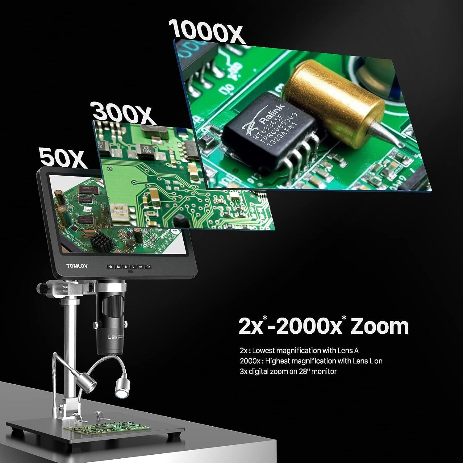 TOMLOV 10″ LCD 2000X Digital Microscope Soldering for Electronics Repair HDMI