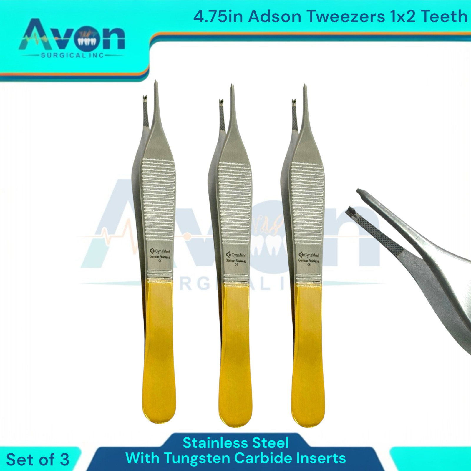 Gold Handle 1×2 Teeth Adson Tissue Forceps, 4.75in, w/ TC Inserts – German Steel
