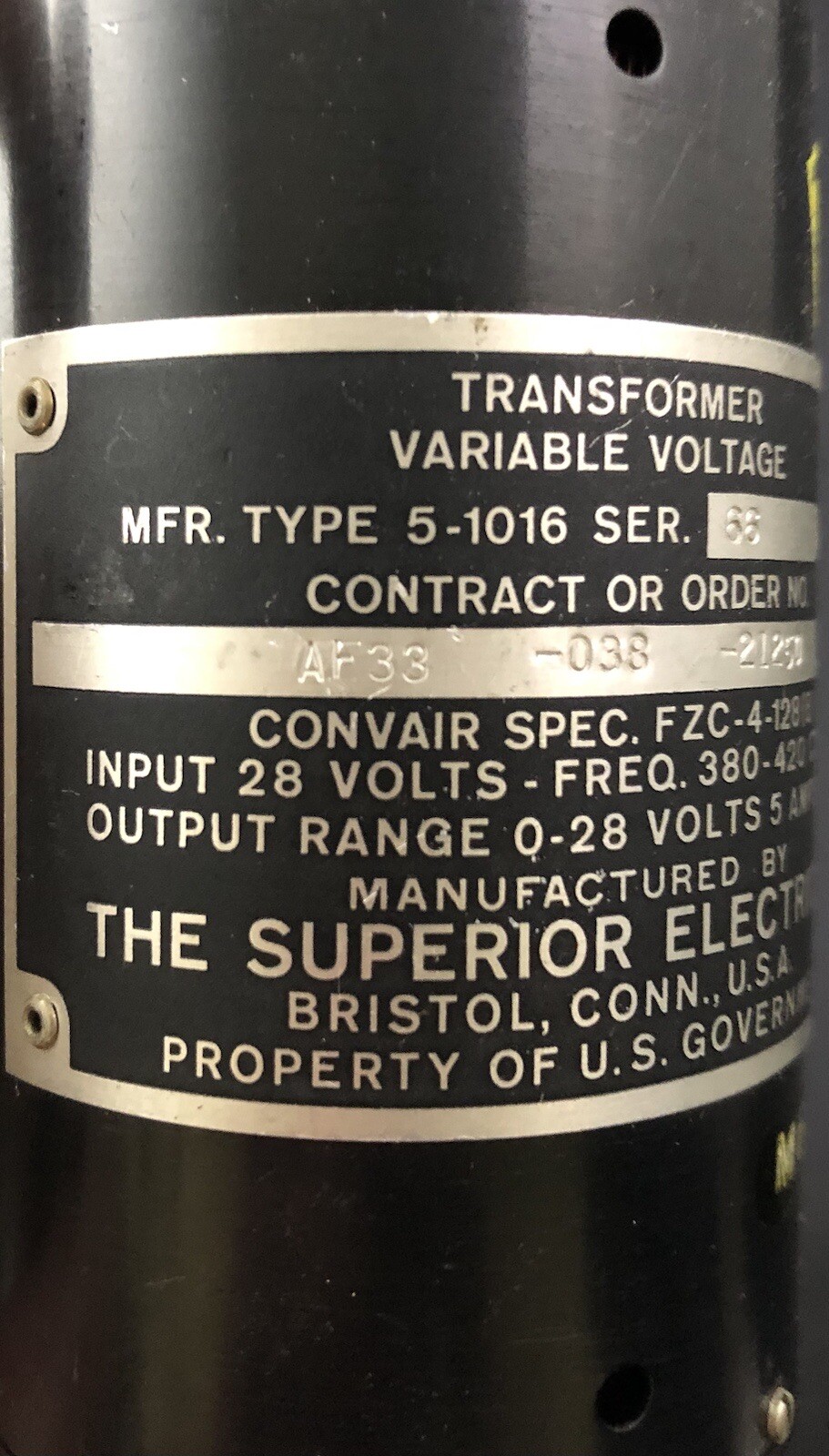 SUPERIOR ELECTRIC TRANSFORMER FZC-4-128 VARIABLE VOLTAGE NFG. TYPE 5-1016 VE7