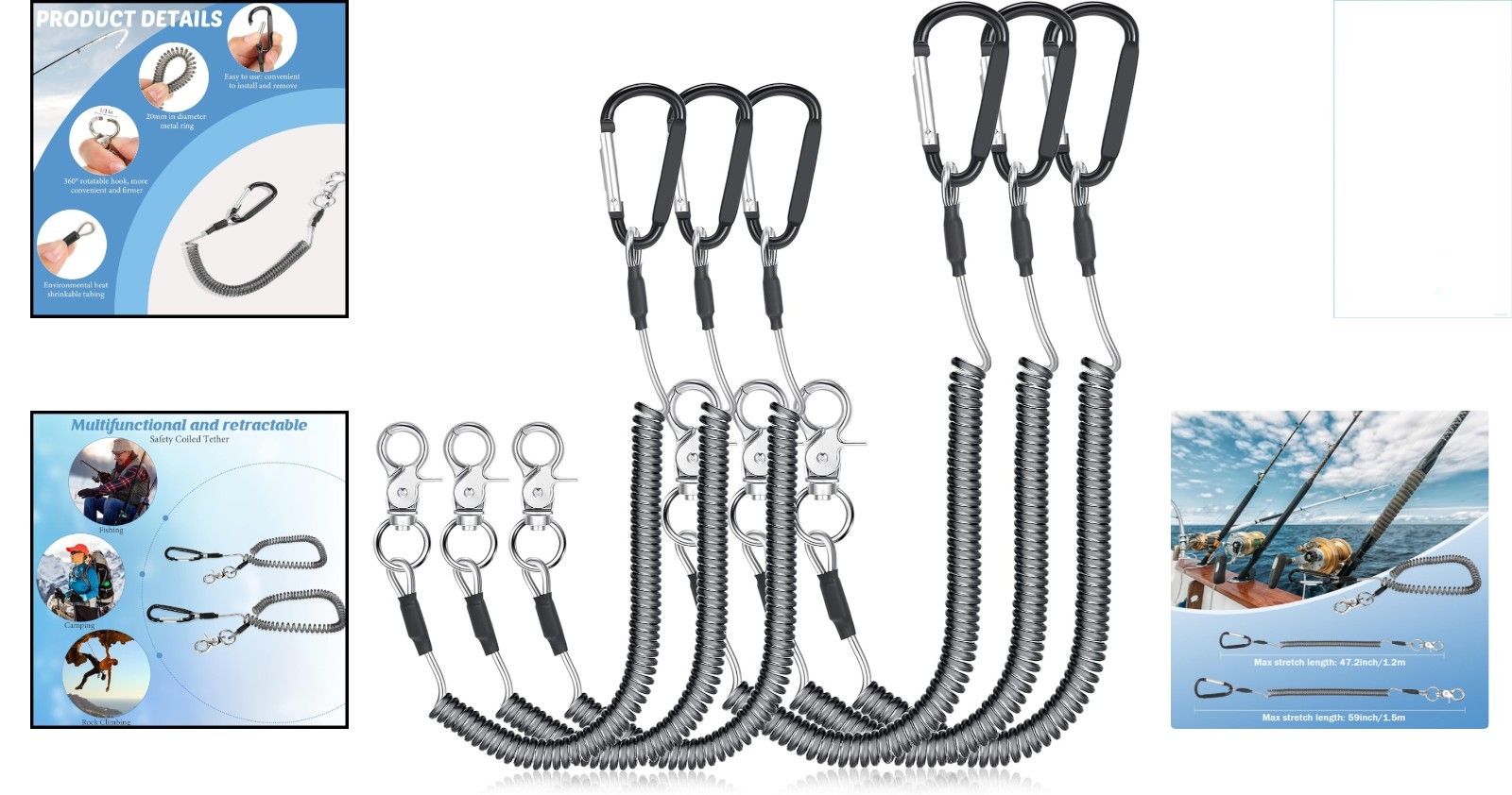 Hands-Free Fishing Tool Lanyard Set – Retractable | 6 Durable Black Lanyards