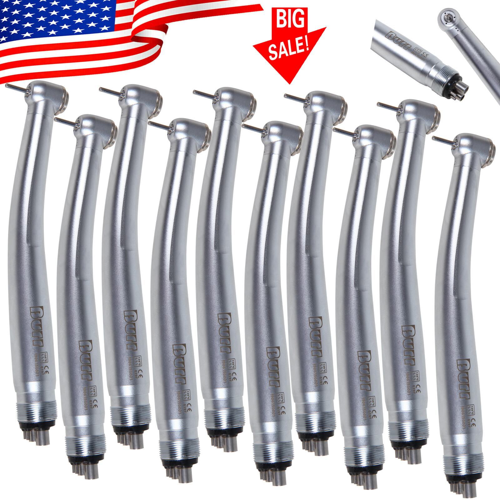 10 Pcs BURR NSK PANA MAX Style Dental High Speed Turbine Handpiece 4Hole U3BM
