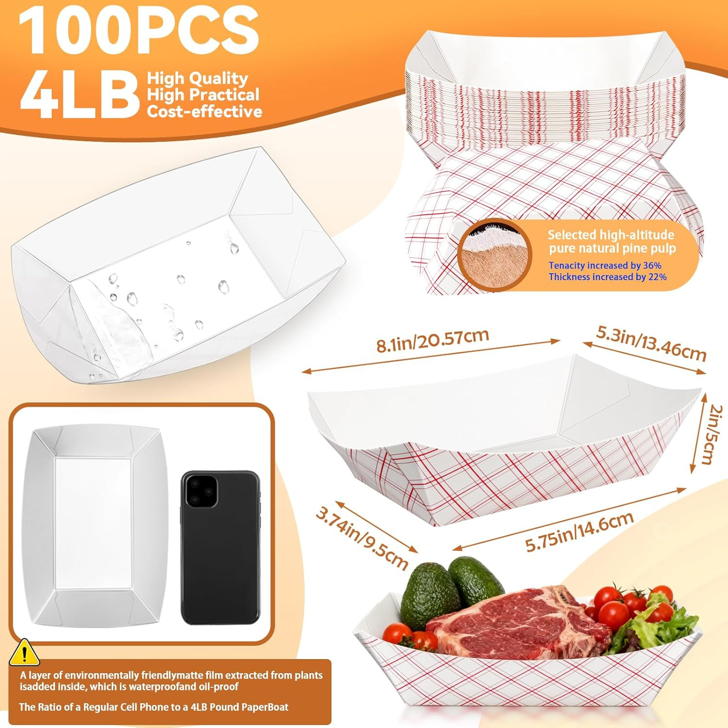 Extra Large 4Lb Disposable Paper Food Boats – 100 Pack Checkered Kraft Trays