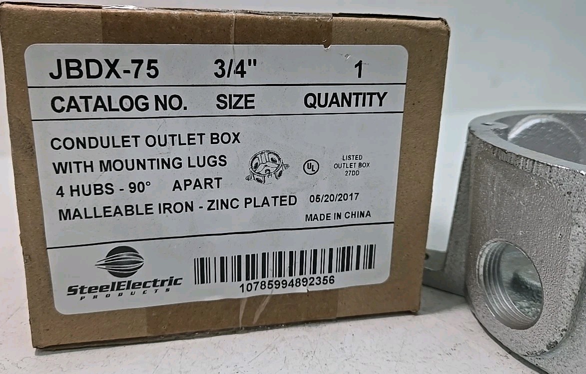 Appleton JBDX-75, (4) 3/4″ Hubs, Malleable Iron, Rigid Conduit Outlet Box