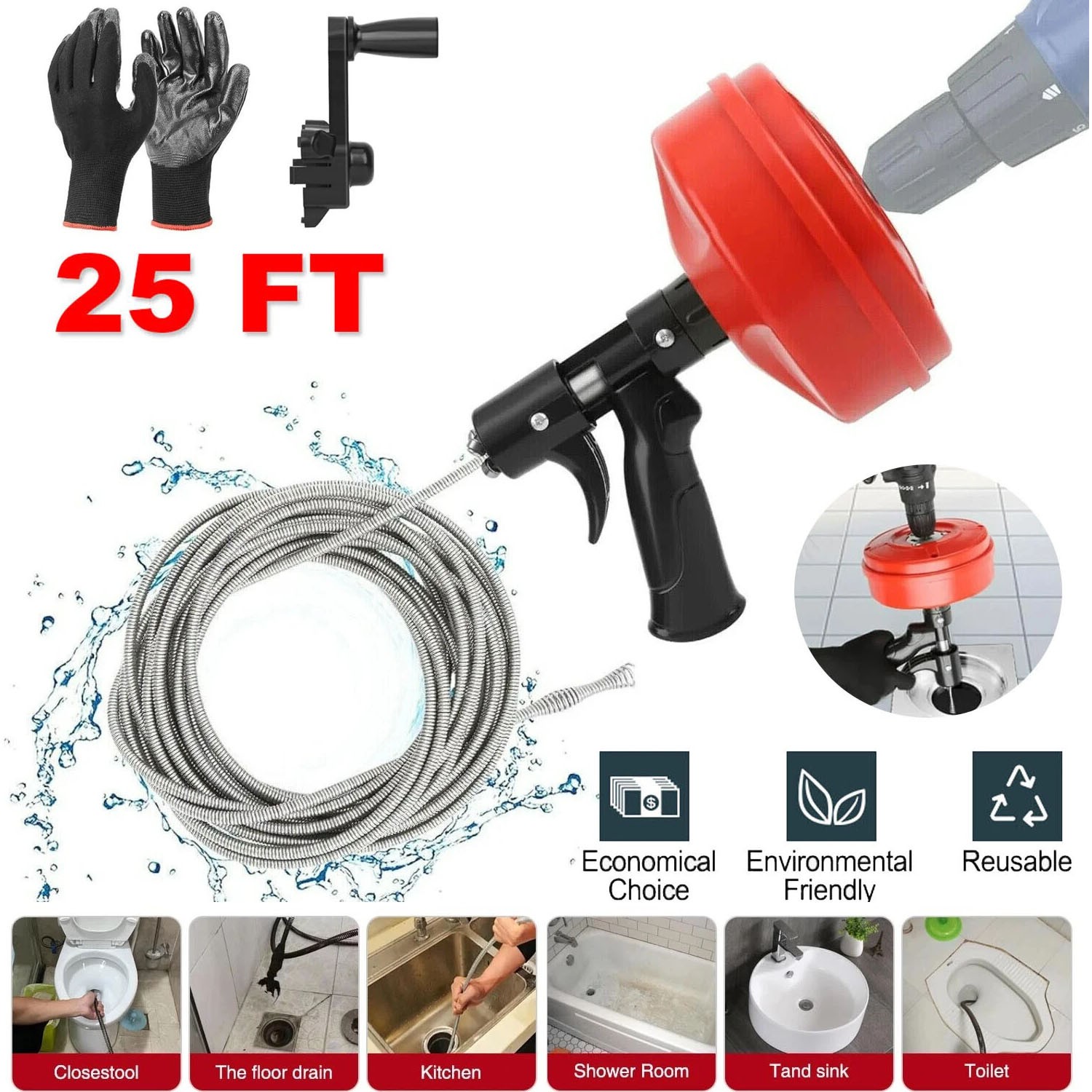 Drain Auger 25ft 1/4in Drum Plumbing Drain Snake Clog Remover Autofeed