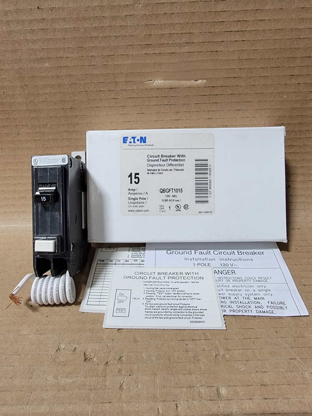 NEW OPEN BOX EATON QBGFT QBGFT1015 1 POLE 15 AMP 120/240V GFI CIRCUIT BREAKER